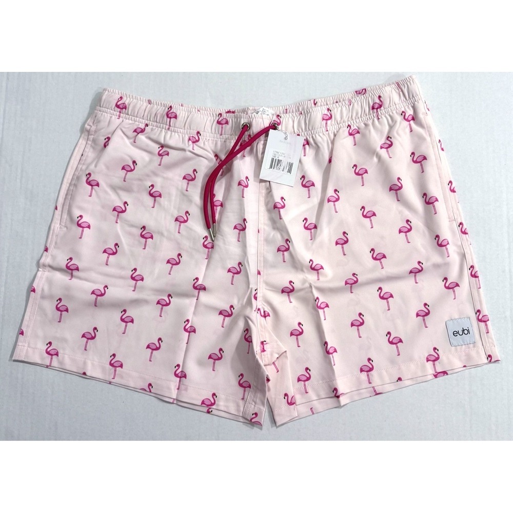 EUBI Swim Shorts Men XL Stretchy Drawstring Pink Flamingo Let's Flamingle